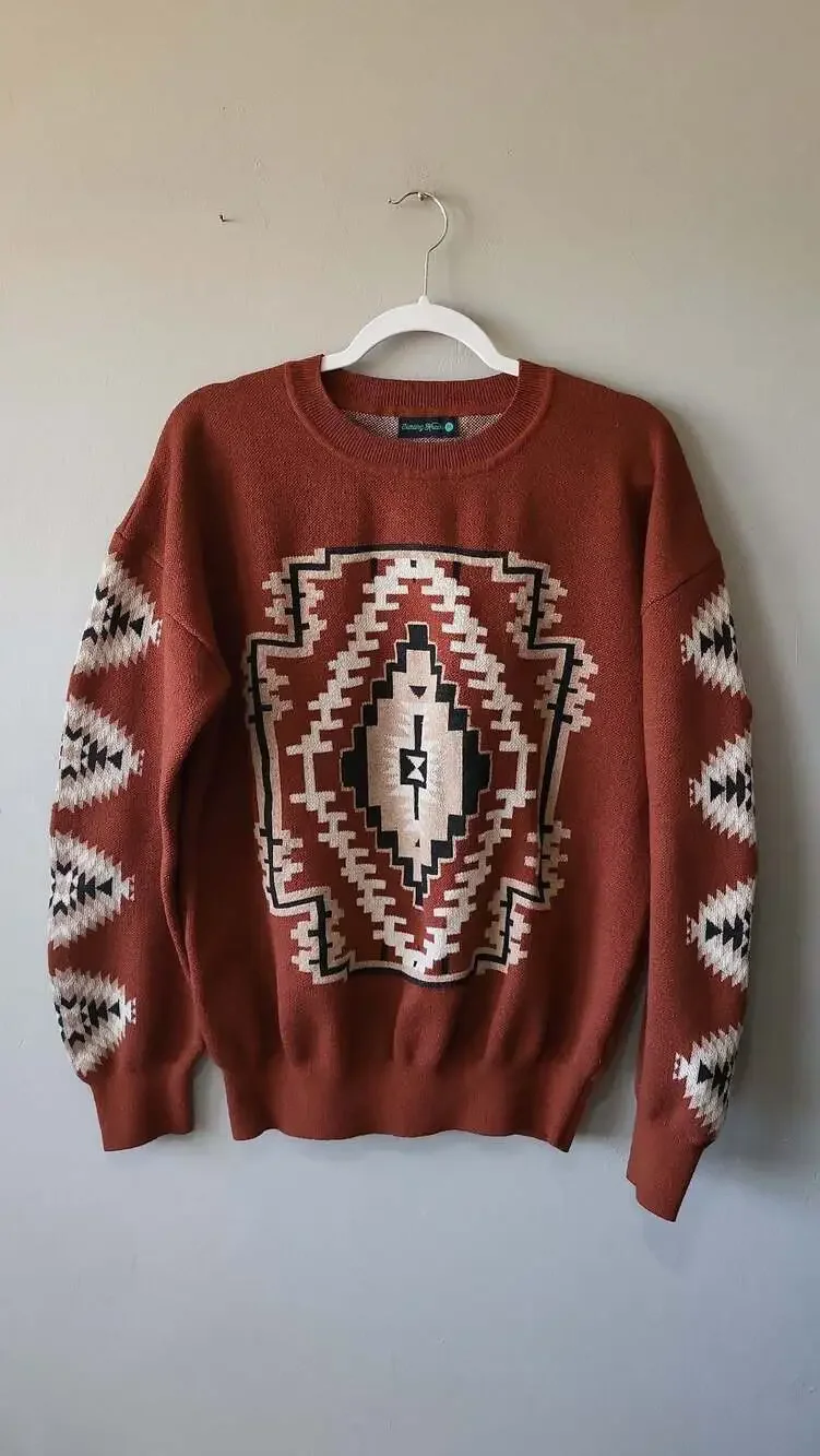 Sterling Kreek Rust Southwestern Aztec Print Crewneck Sweater, Size M - Picture 1 of 4